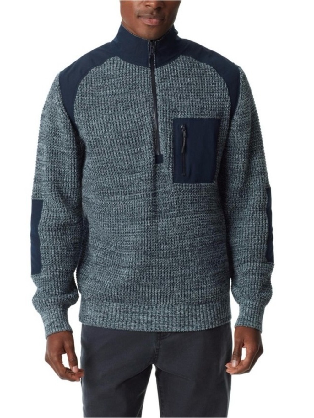 Bass Outdoor Men’s Gray Knit Quarter-Zip Sweater with Navy Accents